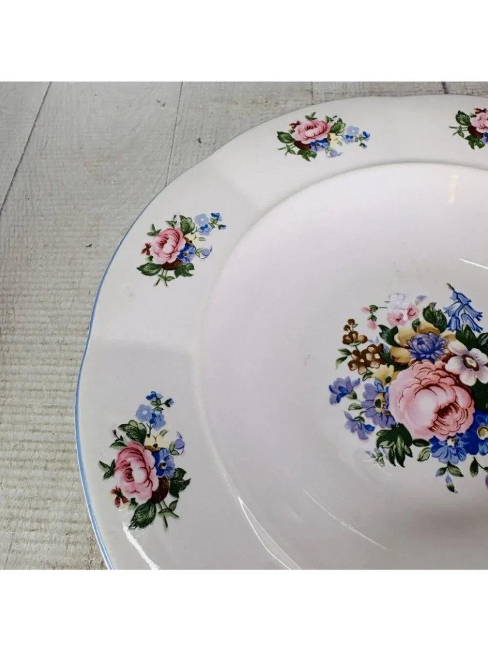 Tabletops Unlimited TAU71 Floral Blue Ceramic Rim Pasta Soup Cereal Bowl Set 4